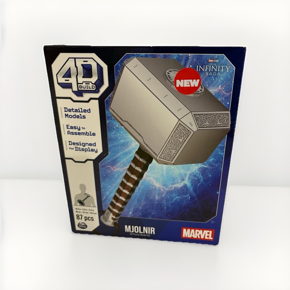 Spinmaster 4D Build Marvel Mjolnir Thor Hammer 3D Puzzle Model Kit w/Stand 87Pcs